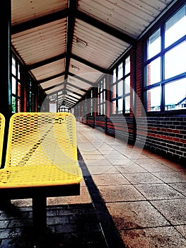 Bus stop with a yellow bench, Sheffiled, England, UK