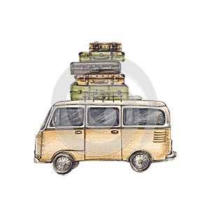 A bus with suitcases for traveling. Car travel and tourism. Vehicles with luggage. Summer holidays. Isolated on a white