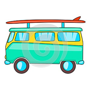 Bus with surfboard icon, cartoon style