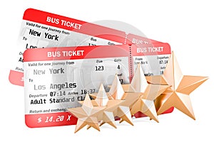 Bus tickets with five golden stars. Customer rating, 3D rendering