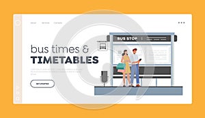 Bus Times and Timetables Landing Page Template. People on Bus Station, Man and Woman Characters Wait Commuter Transport