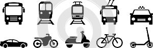 Bus, tram, trolleybus, subway, scooter, moped, bicycle and car flat icons as signs of city transport