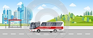 Bus transfer from countryside to big capital city, airport, sightseeing route, bus stop, bus station, vector