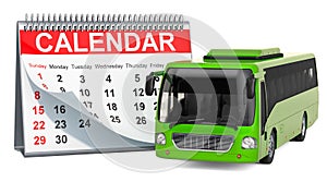 Bus Travel Calendar concept. Desk calendar with bus, 3D rendering