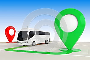 Bus Travel Concept. Big White Coach Tour Bus from above of Abstract Navigation Map with Target Map Pointers. 3d Rendering