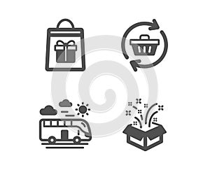 Bus travel, Holidays shopping and Refresh cart icons. Gift sign. Transport, Gifts bag, Online shopping. Vector