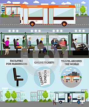 Bus travel passengers concept vector banner. People in Bus. Public transport interior