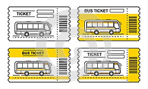 Bus travel ticket, autobus public transport pass outline icon set. Paper passenger seat card trip on city transportation. Vector