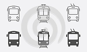 Bus, Trolleybus, Train, Tram Line and Silhouette Icon Set. Electric City Public Transportation Pictogram. Travel