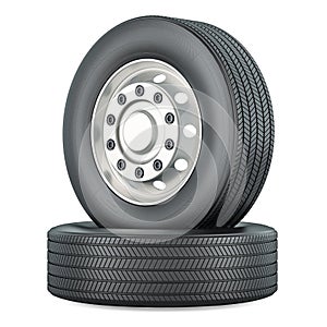 Bus or truck wheels with front rims, 3D rendering