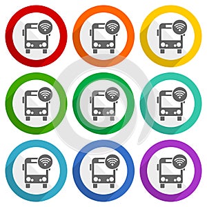 Bus with wifi vector icons, set of colorful flat design buttons for webdesign and mobile applications
