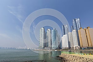 Busan South Korea, city skyline at Marina and Gwangandaegyo Bridge