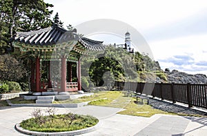 BUSAN, SOUTH KOREA- OCTOBER 17, 2019: Pavilion in garden of Nurimaru APEC House locate on Haeundae Dongbaekseom Island