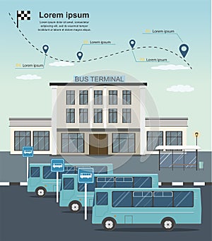 Buses at the bus terminal station. Transportation infographics