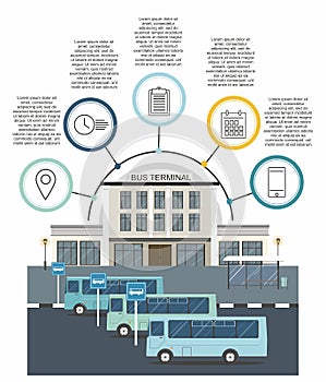 Buses at the bus terminal station. Transportation infographics. Flat vector