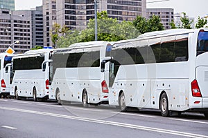 buses on a city street in summer