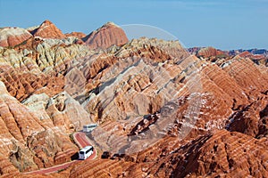 buses in the Danxia Landform of Zhangye, Gansu, China