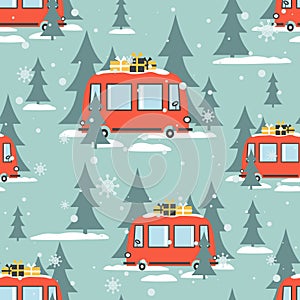 Buses, fir trees, snow, seamless pattern