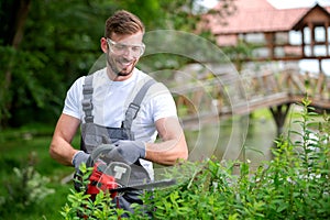 Bush trimming with electrically powered chain saw