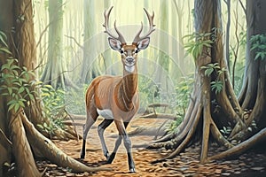 a bushbuck gracefully bounding between trees in forest