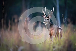 bushbuck silhouette at forest edge during dusk