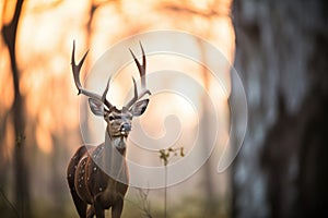 bushbuck silhouetted against a forest sunset