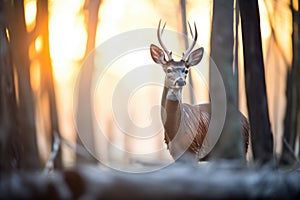 bushbuck silhouetted against a forest sunset