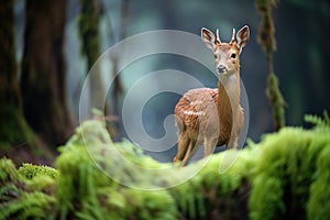 bushbuck standing alert amidst ferns and moss