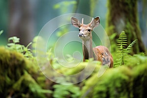 bushbuck standing alert amidst ferns and moss