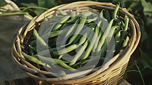 A bushel of freshly picked green beans arranged neatly in a wicker basket their smooth slender pods glistening in the