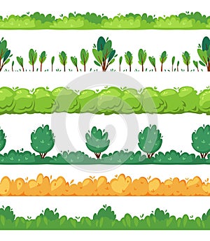 bushes seamless. cartoon landscape for games backgrounds outdoor trees and bushes. Vector horizontal pattern