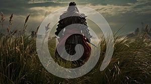 Bushido Reverie: Samurai Stands Tall in Verdant Grasslands photo