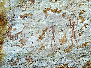 Bushmen san rock painting of humans and antelopes, Drakensber