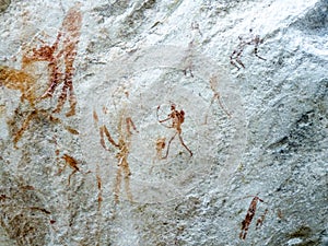 Bushmen san rock painting of humans and antelopes, Drakensber