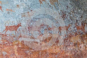Bushmen Stone age prehistoric rock art in the cave Matobo Hills