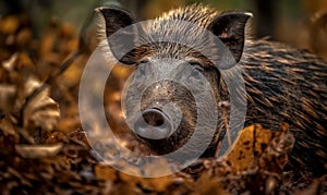 Bushpig perfectly camouflaged in the dense undergrowth of the African savanna. Composition captures the essence of this animal