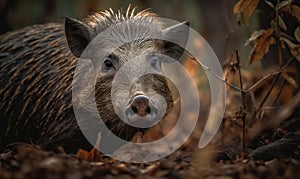 Bushpig perfectly camouflaged in the dense undergrowth of the African savanna. Composition captures the essence of this animal