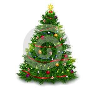 Bushy decorated Christmas tree on white background