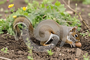 bushytailed squirrel digging up buried nut photo