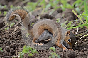 bushytailed squirrel digging up buried nut photo