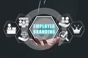 Busienssman hand holding employer branding icon on virtual screen