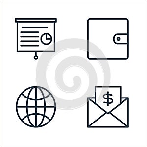 busines and finace line icons. linear set. quality vector line set such as email, world, wallet