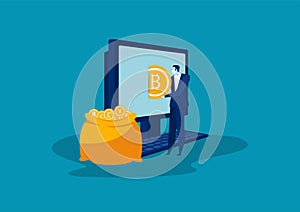 Businesman puts golden bitcoins in a bag from a laptop.vector