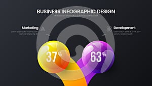 Business 2 option infographic presentation vector 3D colorful balls illustration. Marketing analytics data report design layout.