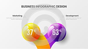 Business 2 option infographic presentation vector 3D colorful balls illustration. Marketing analytics data report design layout.