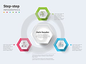 Business 3 step process chart infographics with step circles. Br