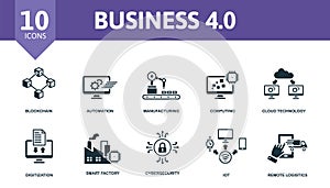 Business 4.0 icon set. Contains editable icons industry 4.0 theme such as blockchain, manufacturing, cloud technology