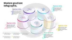 Business 5 step process chart infographics with 3d columns. Circle corporate graphic elements. Infograph presentation slide