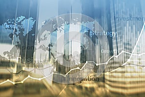 Business abstract background double exposure graph, chart and diagram. World wide map and. Global business and financial trading