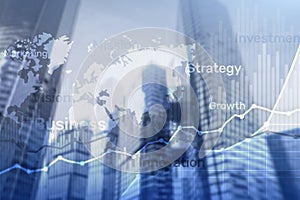 Business abstract background double exposure graph, chart and diagram. World wide map and. Global business and financial trading